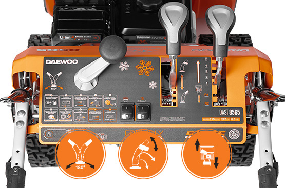 Панель управления с системой изменения скорости передвижения, направления и дальности выброса снега обеспечивает комфортное управление и работу со снегоуборщиком.